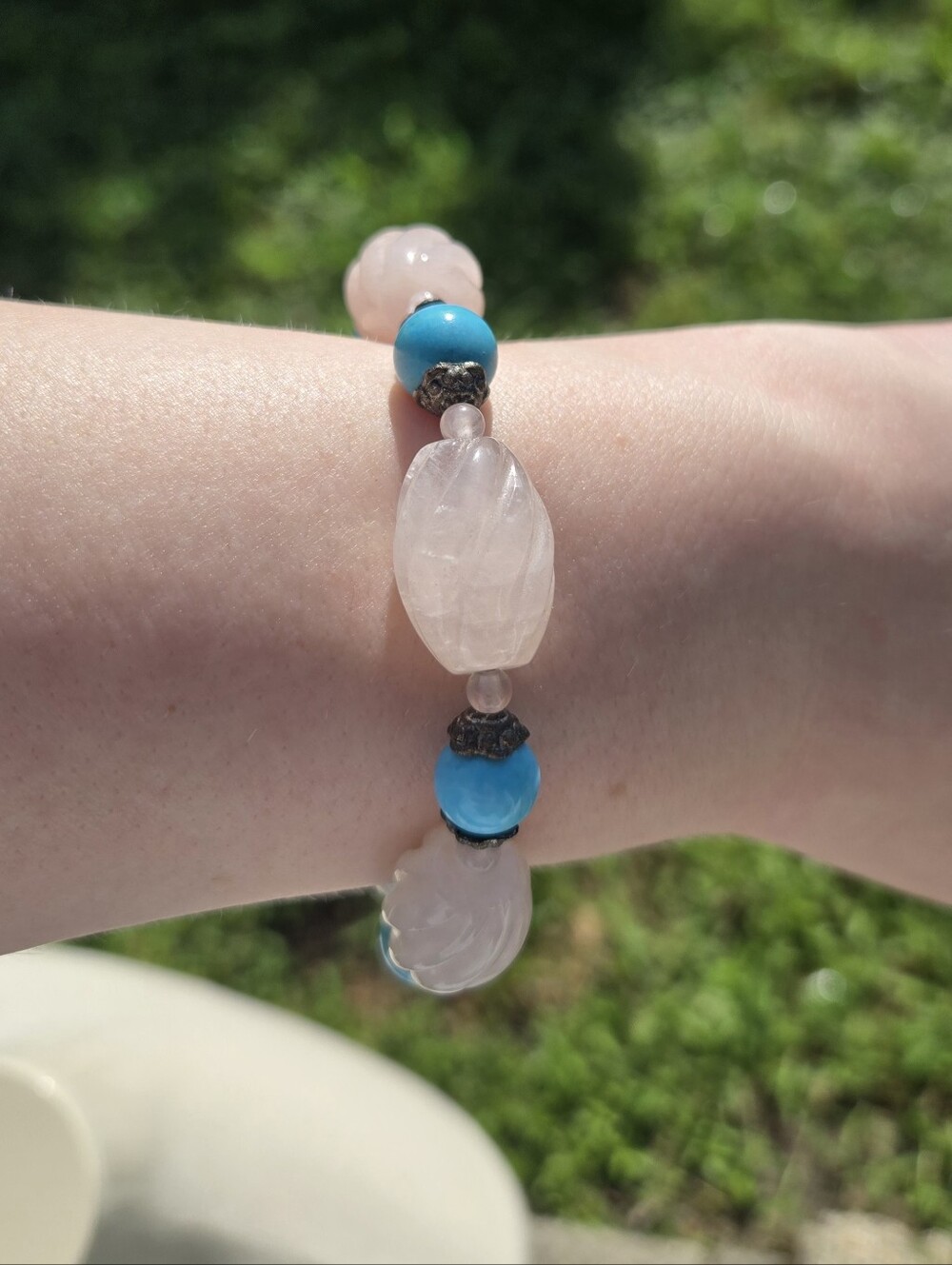 Natural Rose Quartz and Turquoise Beaded Bracelet 925 Sterling Silver Clasp